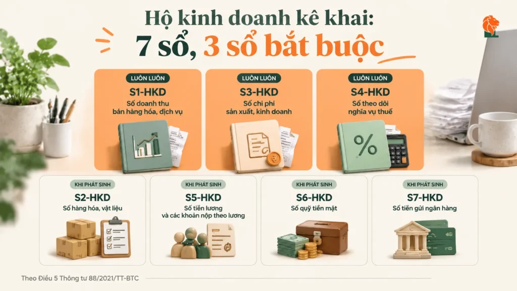 7 sổ kế toán hộ kinh doanh theo Thông tư 88/2021, trong đó S1, S3, S4 bắt buộc