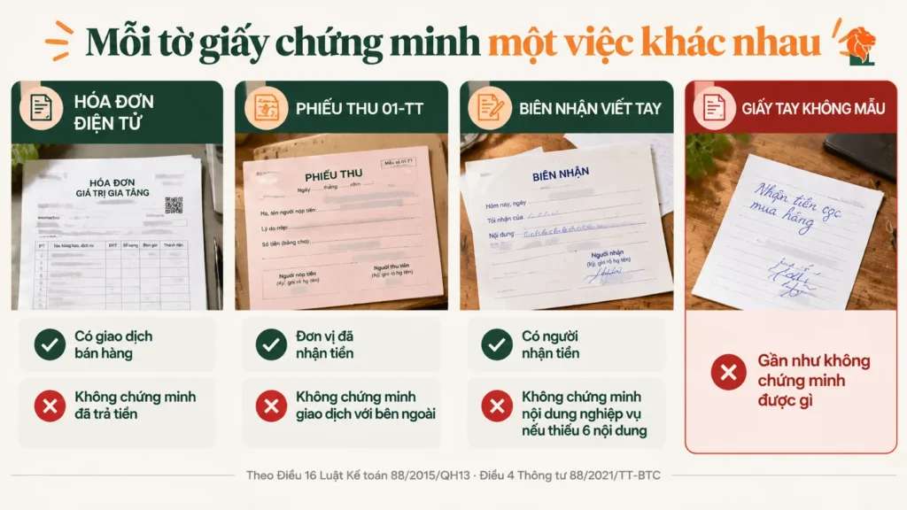 Hóa đơn, phiếu thu, biên nhận và giấy tay chứng minh được gì theo Luật Kế toán