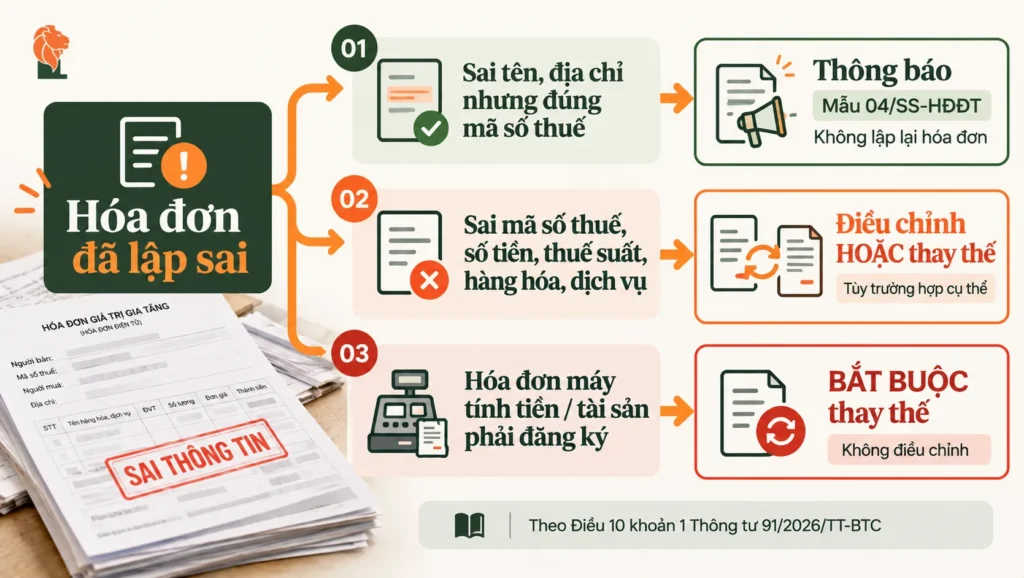 Sơ đồ xử lý hóa đơn điện tử sai sót: thông báo, điều chỉnh hoặc thay thế
