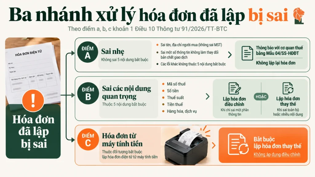Ba nhánh xử lý hóa đơn điện tử đã lập bị sai theo Thông tư 91/2026
