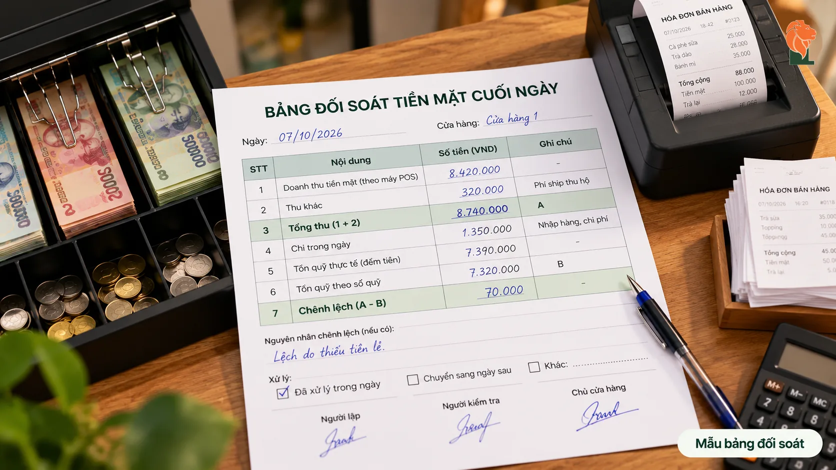 Mẫu bảng đối soát tiền mặt cuối ngày đã điền
