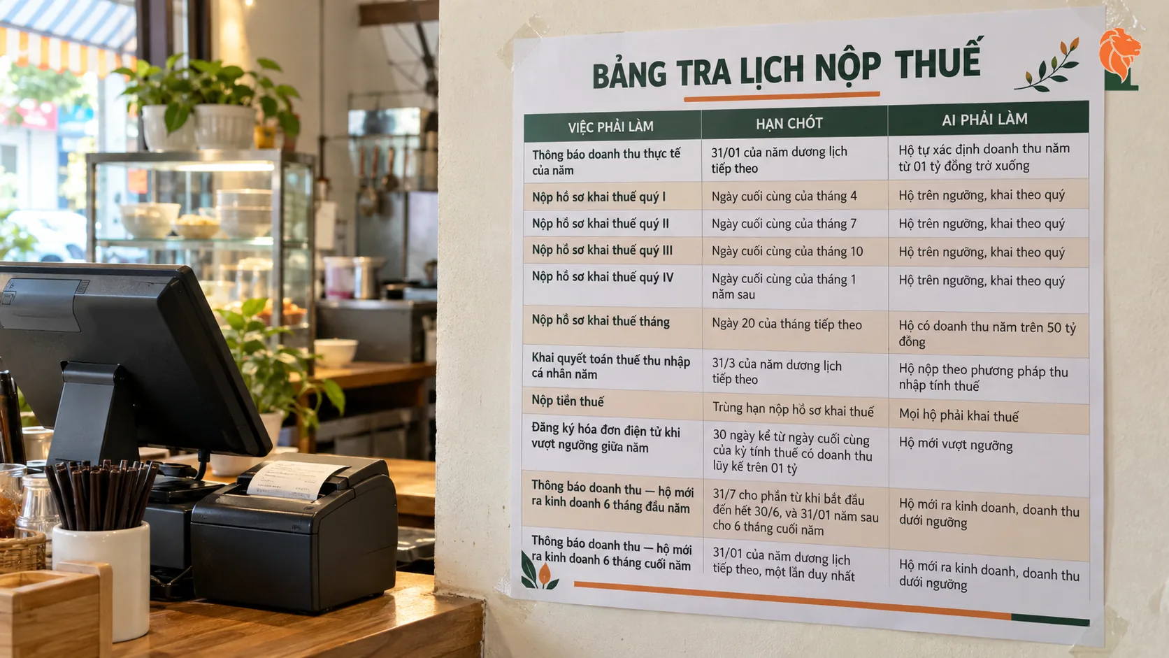 Bảng tra lịch nộp thuế dán ở quầy cửa hàng