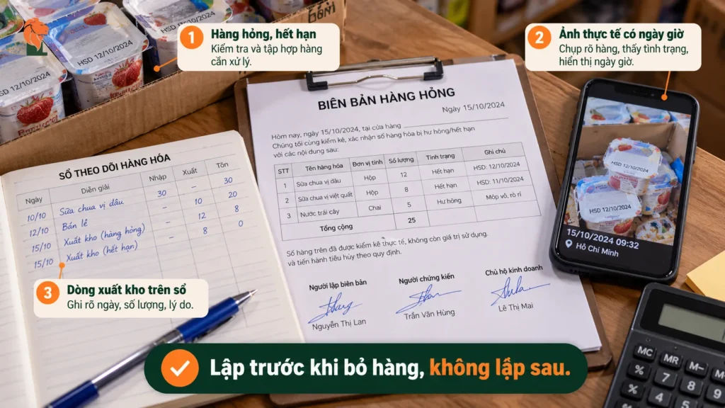 Bộ hồ sơ hàng hư hỏng của hộ kinh doanh: biên bản, ảnh có ngày, dòng xuất kho