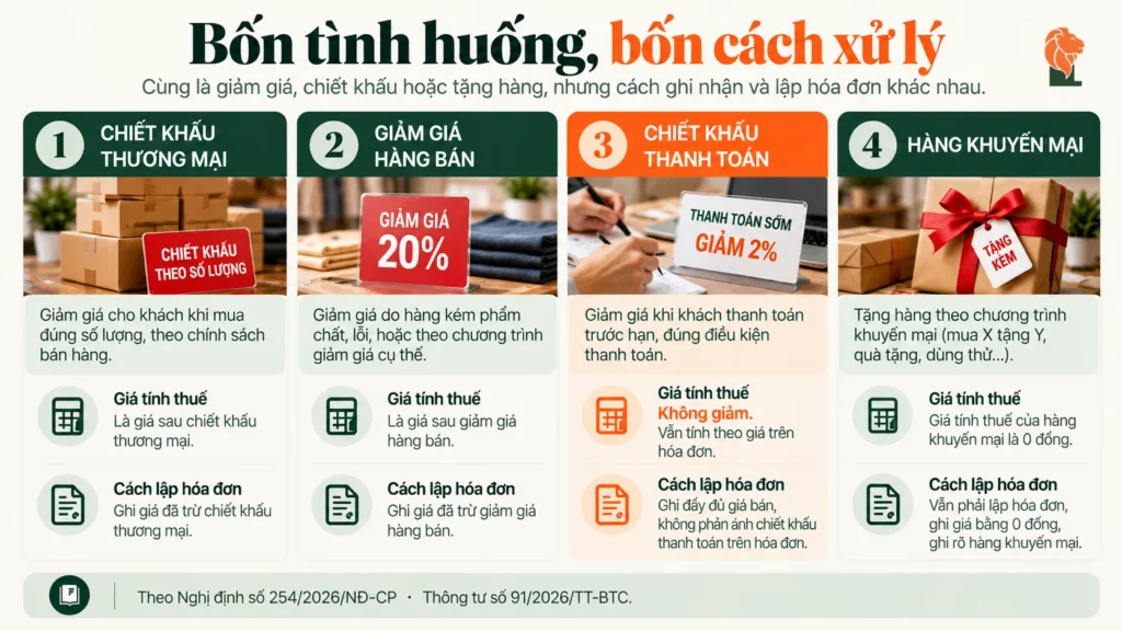 Bốn tình huống chiết khấu, giảm giá, khuyến mại và cách lập hóa đơn