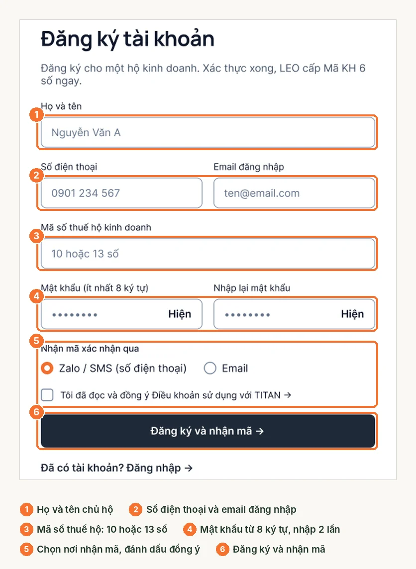 Form đăng ký tài khoản phần mềm khai thuế LEO với các ô cần điền