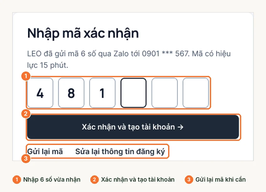 Màn hình nhập mã xác nhận 6 số khi đăng ký tài khoản LEO