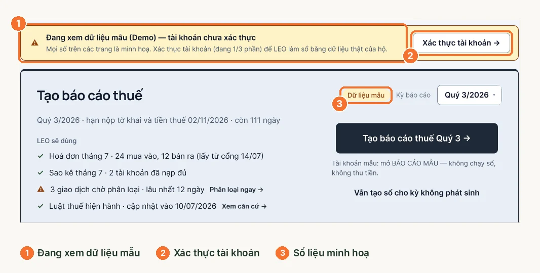 Trang chính khi chưa xác thực: dải nhắc đang xem dữ liệu mẫu và nút xác thực tài khoản