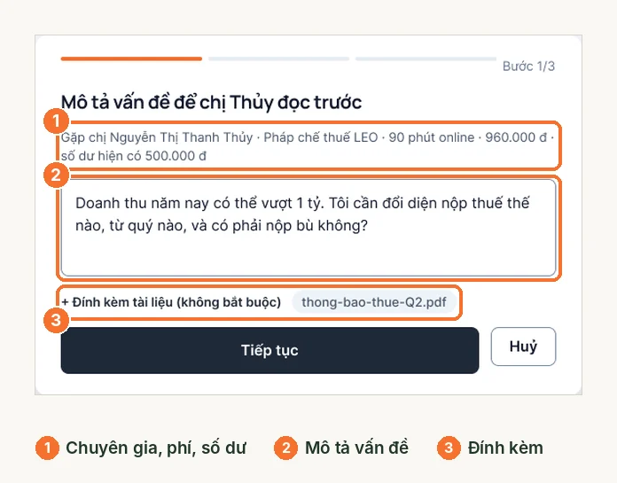 Bước 1 đặt lịch: thông tin chuyên gia, ô mô tả vấn đề và đính kèm tài liệu