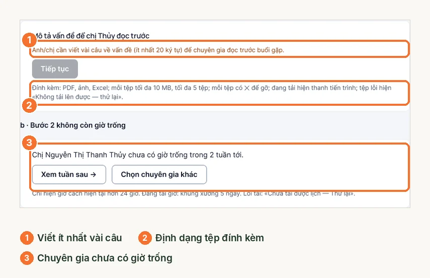 Các thông báo ở bước mô tả: mô tả quá ngắn, quy định tệp đính kèm, chuyên gia chưa có giờ trống