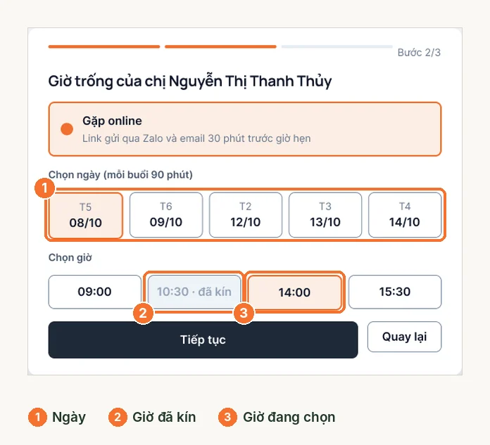 Bước 2 đặt lịch: chọn ngày và giờ trống, giờ đã kín bị mờ