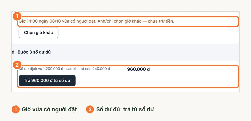 Thông báo giờ vừa có người đặt và nút trả từ số dư khi đủ tiền