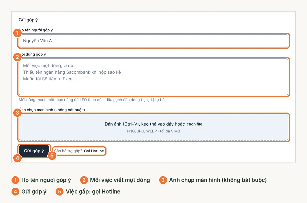 Form gửi góp ý trong phần mềm LEO: họ tên, nội dung mỗi dòng một việc, ảnh chụp, nút gửi