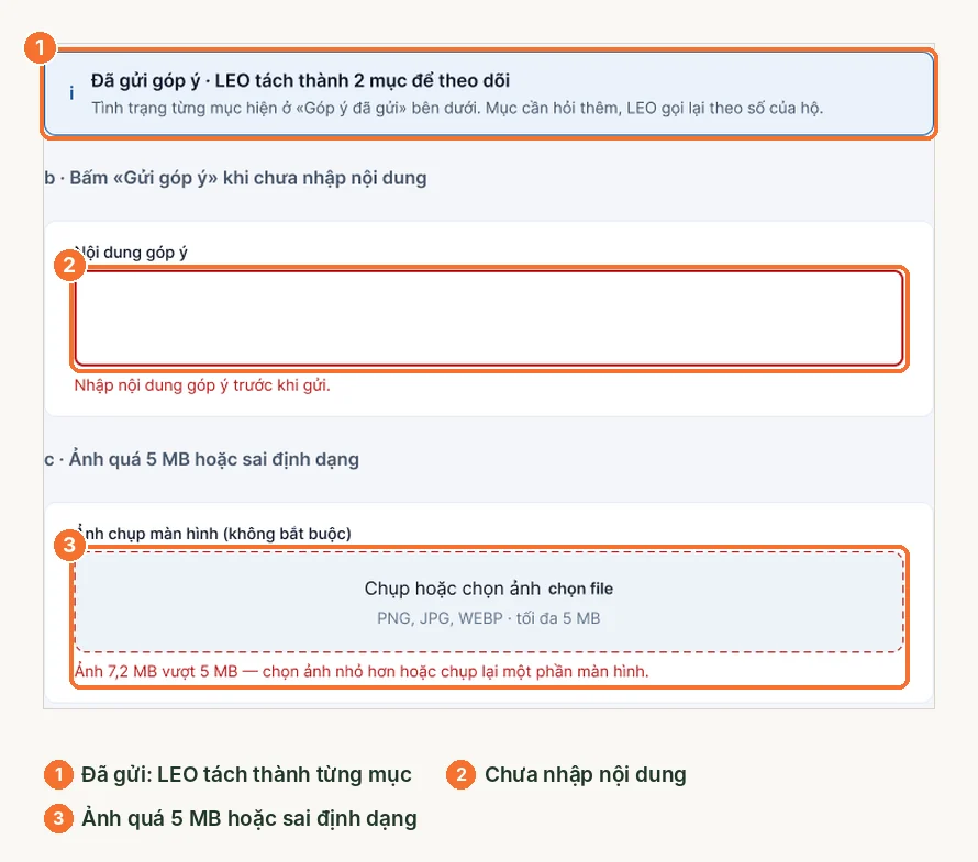 Thông báo đã gửi góp ý và các lỗi khi chưa nhập nội dung, ảnh quá lớn