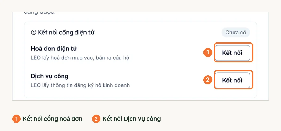Phần kết nối cổng điện tử với hai nút kết nối cho cổng hóa đơn và Dịch vụ công