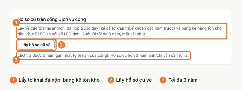 Khối hồ sơ cũ trên cổng Dịch vụ công với nút lấy hồ sơ cũ về