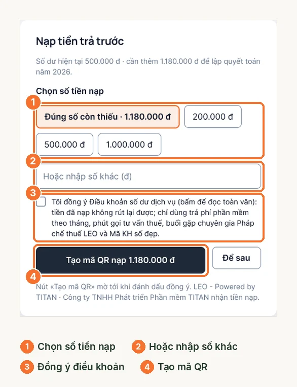 Cửa sổ nạp tiền trả trước: chọn số tiền, đồng ý điều khoản, tạo mã QR