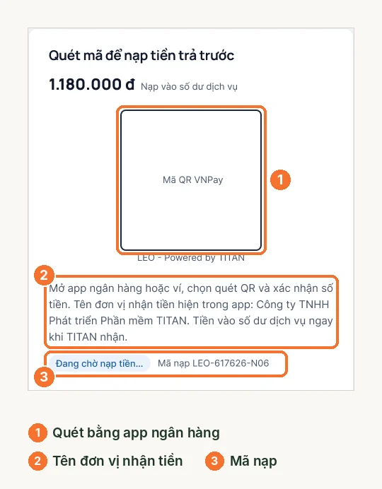 Màn mã QR VNPay nạp tiền trả trước với tên đơn vị nhận tiền và mã nạp