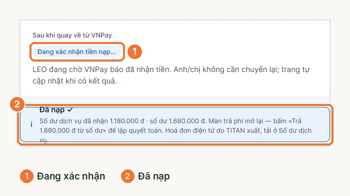 Trạng thái đang xác nhận tiền nạp và đã nạp