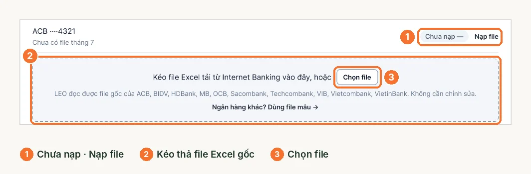 Ô kéo thả file sao kê Excel dưới tài khoản ACB chưa nạp trên LEO