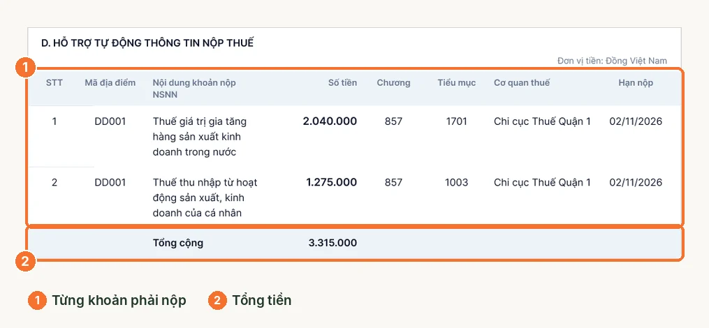 Mục D tờ khai: từng khoản phải nộp và tổng tiền