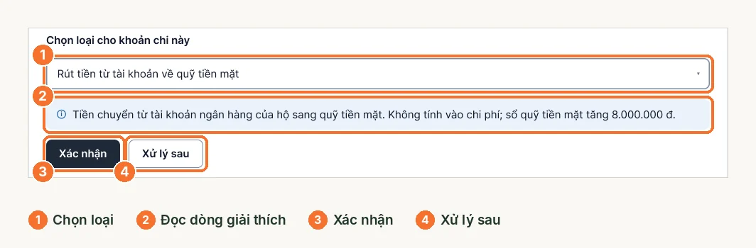 Chọn loại cho khoản chi, dòng giải thích và hai nút xác nhận, xử lý sau
