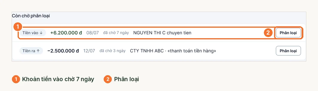 Danh sách còn chờ phân loại với nút phân loại cho từng khoản