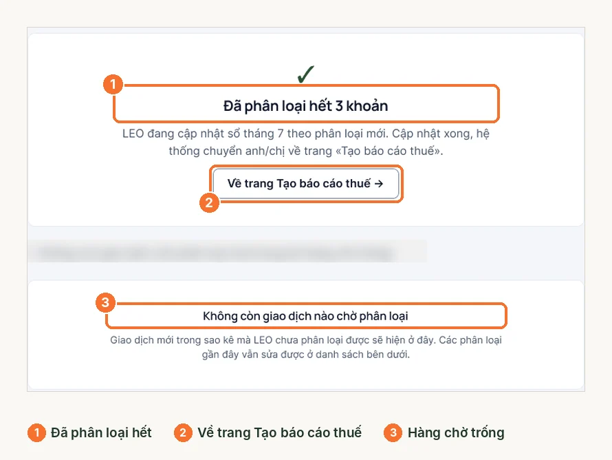 Thông báo đã phân loại hết 3 khoản và trạng thái không còn giao dịch chờ