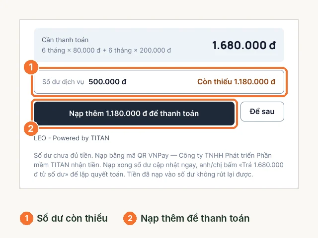 Màn trả phí khi số dư còn thiếu, nút nạp thêm để thanh toán