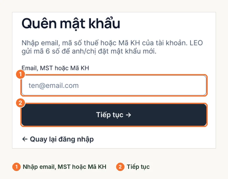 Trang quên mật khẩu: nhập email, mã số thuế hoặc Mã KH và bấm tiếp tục