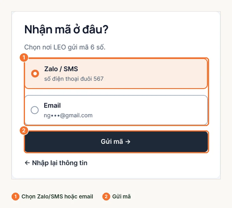 Màn hình chọn nơi nhận mã đặt lại mật khẩu: Zalo, SMS hoặc email