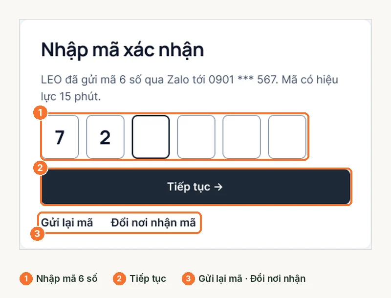 Màn hình nhập mã xác nhận 6 số khi đặt lại mật khẩu