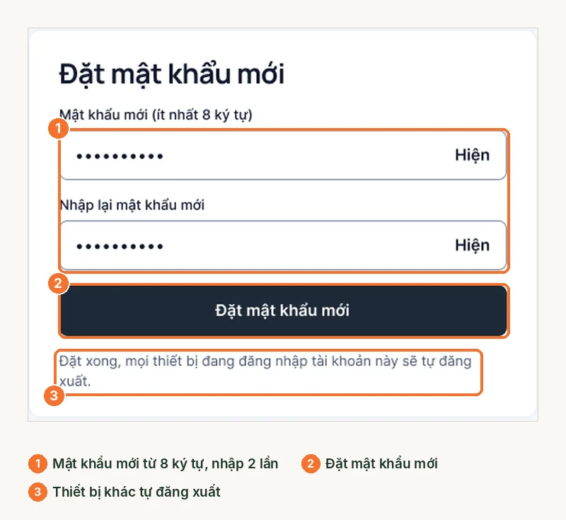 Màn hình đặt mật khẩu mới với hai ô mật khẩu và ghi chú thiết bị khác tự đăng xuất