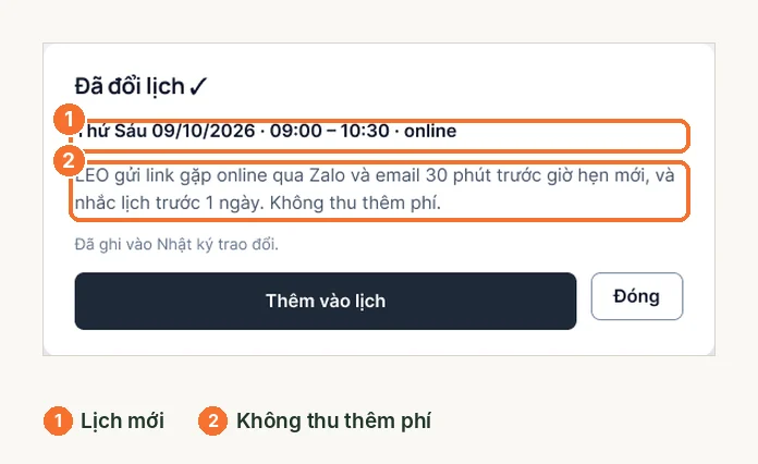 Thông báo đã đổi lịch, không thu thêm phí