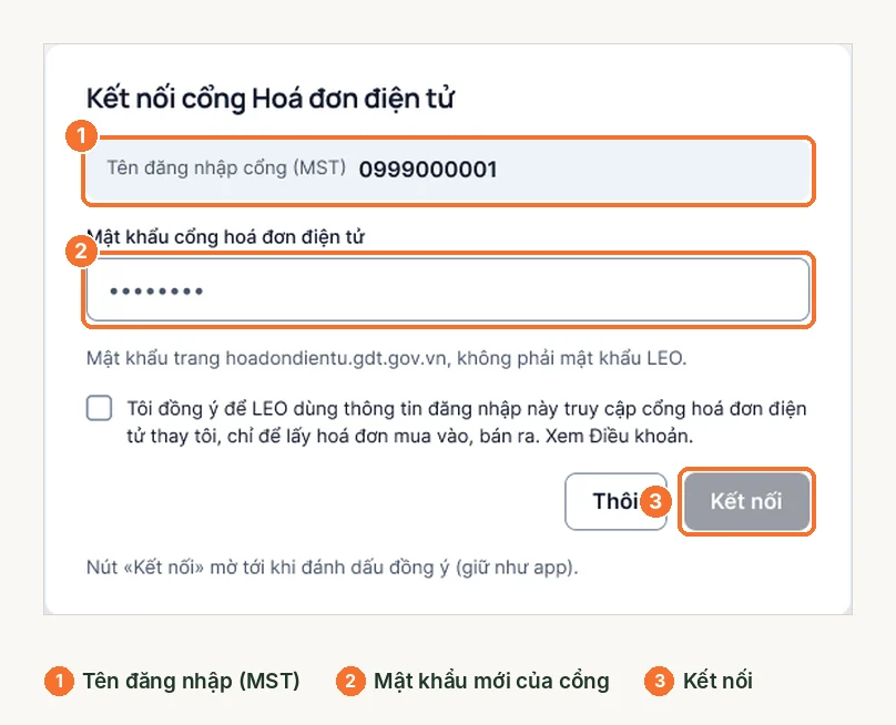 Cửa sổ kết nối cổng hóa đơn điện tử: tên đăng nhập MST, mật khẩu mới, nút kết nối