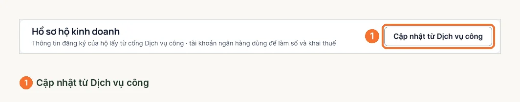 Nút cập nhật từ Dịch vụ công ở trang hồ sơ hộ kinh doanh