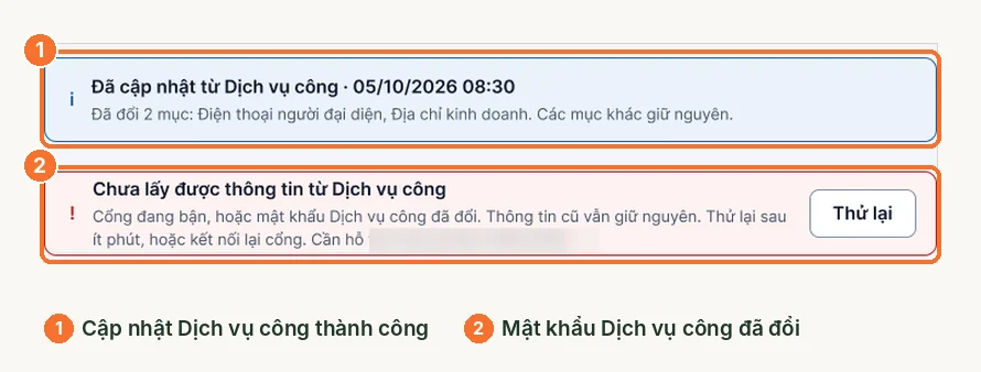 Thông báo cập nhật Dịch vụ công thành công và thông báo lỗi khi mật khẩu đã đổi