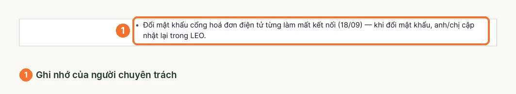 Mục LEO ghi nhớ nhắc khi đổi mật khẩu cổng thì cập nhật lại trong LEO