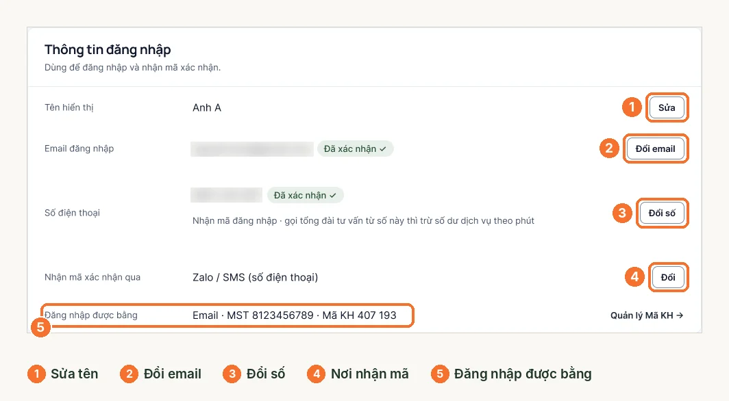 Thông tin đăng nhập trong Cài đặt tài khoản LEO