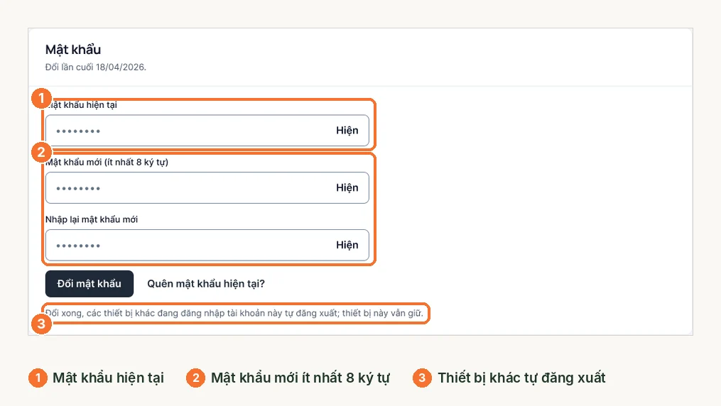 Phần đổi mật khẩu trong Cài đặt tài khoản