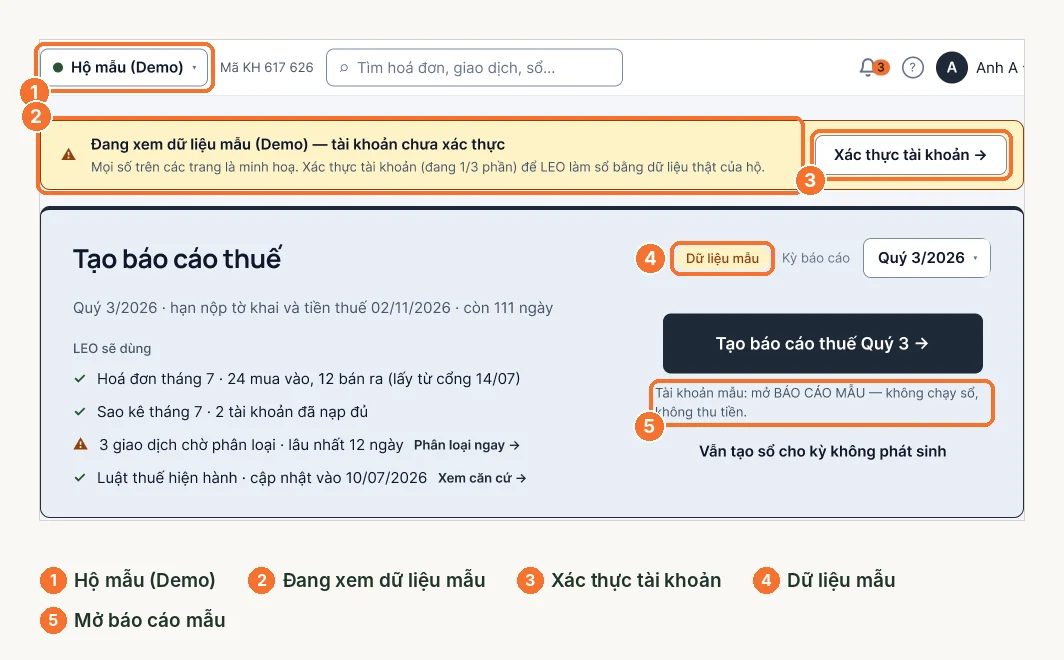 Trang chính LEO ở chế độ dữ liệu mẫu