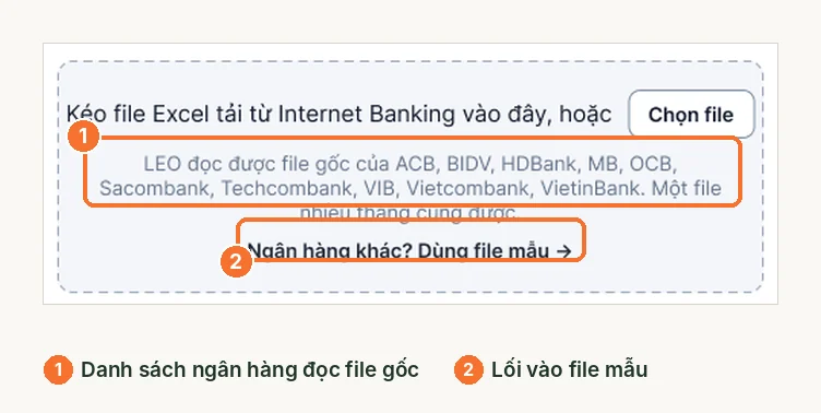 Ô kéo thả trong cửa sổ nộp sao kê với dòng ngân hàng khác dùng file mẫu