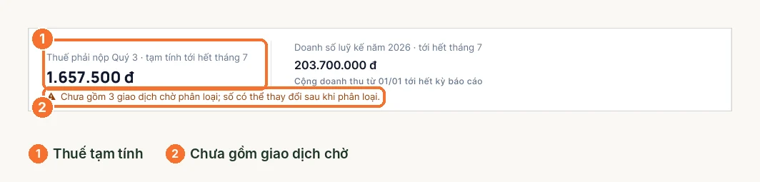 Ô thuế tạm tính kèm dòng nhắc chưa gồm giao dịch chờ phân loại