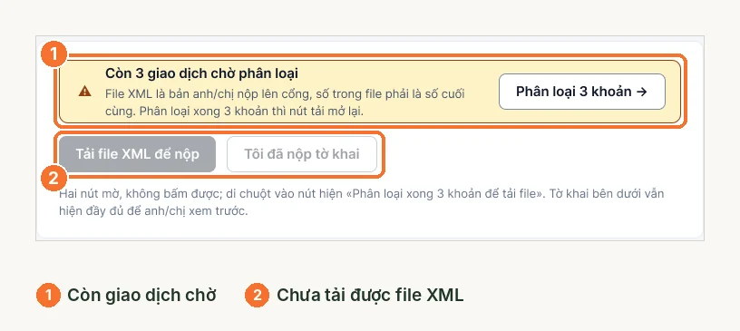 Báo cáo thuế khi còn giao dịch chờ: nút tải file XML và báo đã nộp bị mờ