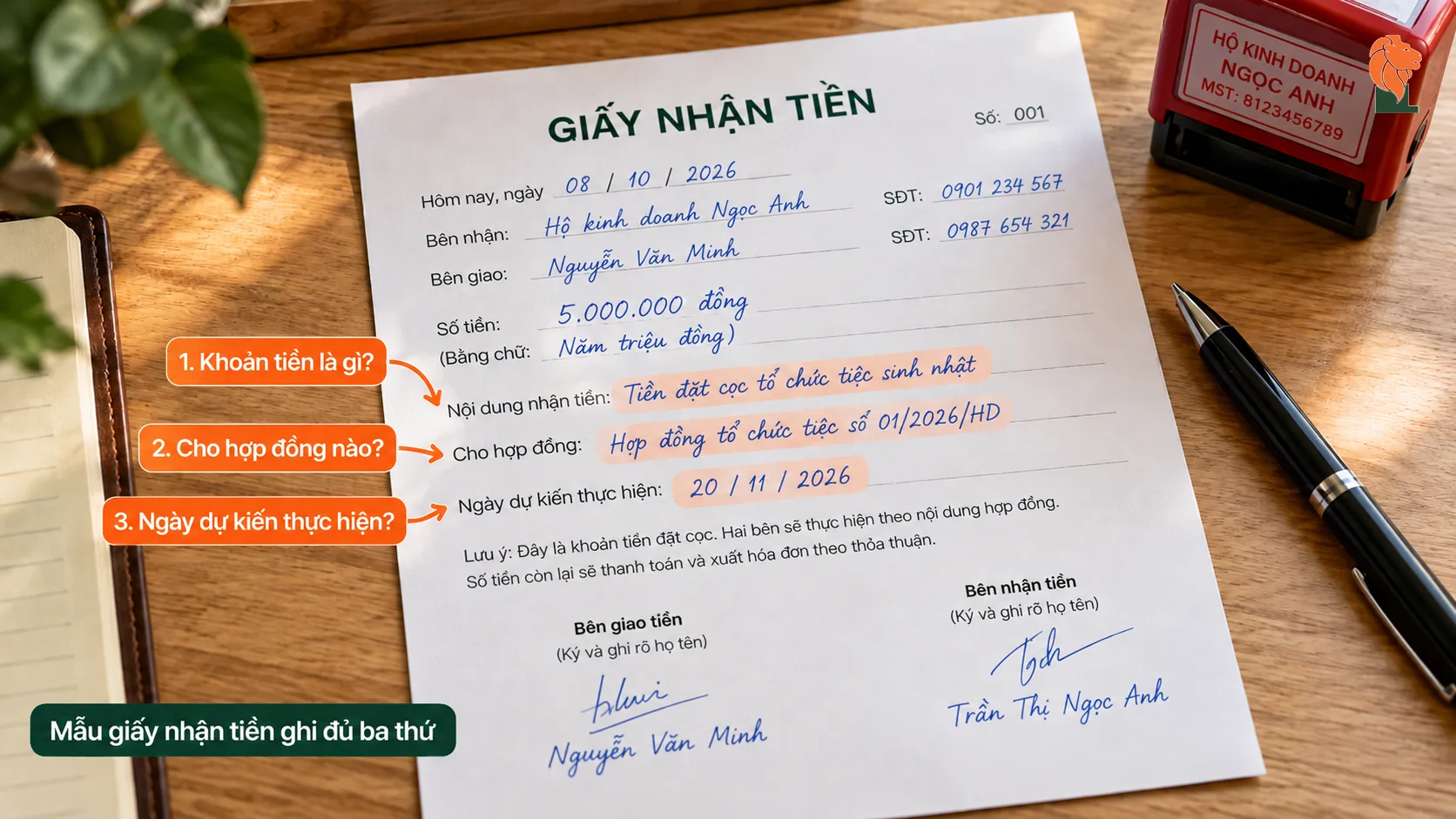 Giấy nhận tiền cọc ghi đủ ba thông tin