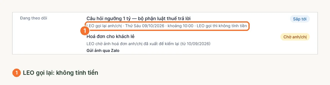 Mục đang theo dõi trong Tư vấn thuế ghi LEO gọi lại không tính tiền