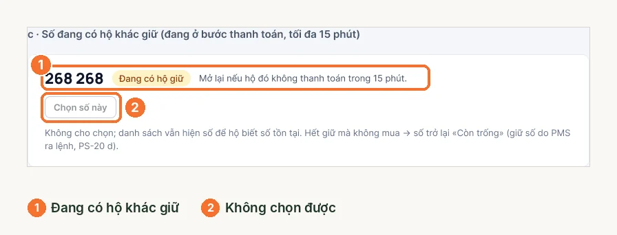 Số 268 268 đang có hộ khác giữ, không chọn được