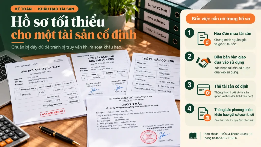 Bộ hồ sơ tài sản cố định: hóa đơn, biên bản bàn giao, thẻ tài sản, thông báo khấu hao
