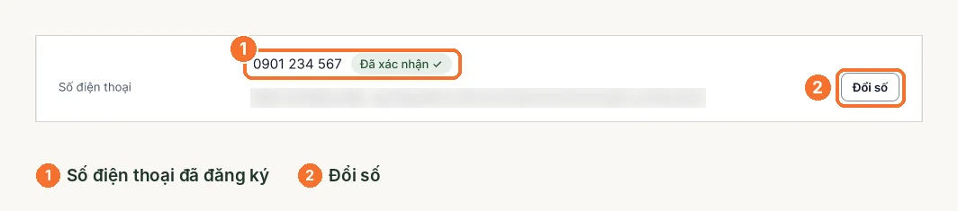 Dòng số điện thoại trong Cài đặt tài khoản với nút đổi số