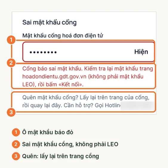 Thông báo sai mật khẩu cổng hóa đơn điện tử khi kết nối trên LEO