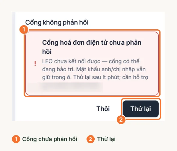 Thông báo cổng hóa đơn điện tử chưa phản hồi với nút thử lại trên LEO